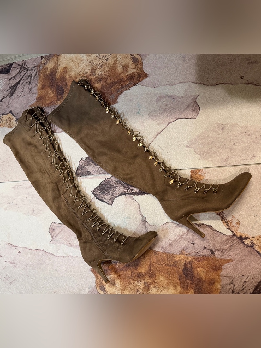 Journee Collection Taupe Over-the-Knee Lace-Up Stiletto Boot - Picture 4 of 5